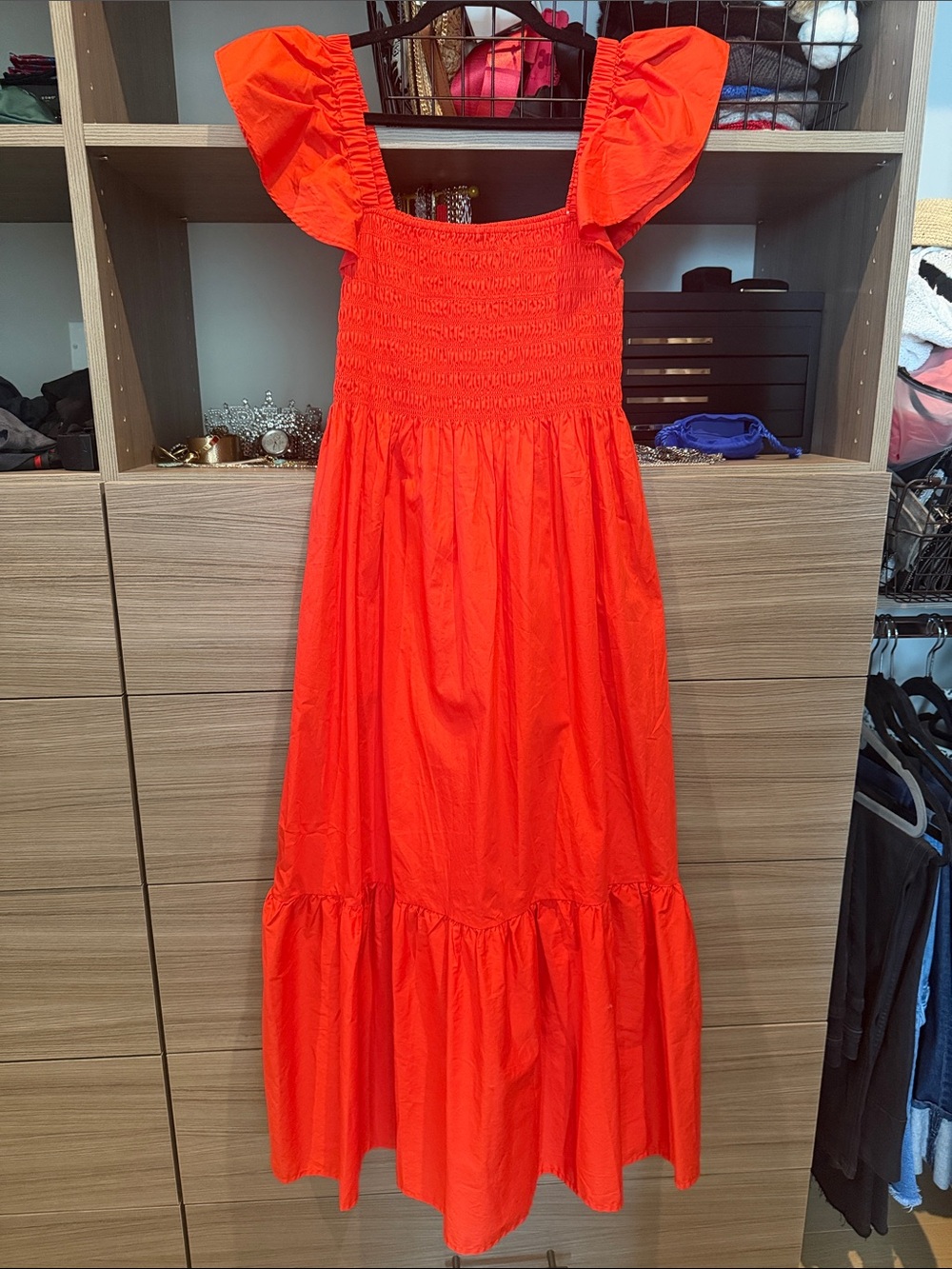 Bright Red Orange Smocked Maxi Dress NWOT